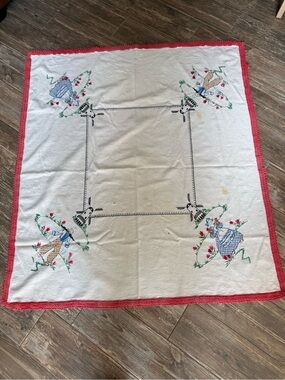 Vintage 1940’s 50’s Cotton Tablecloth Blue White Motiff Windmill Dutch Boy Girl
